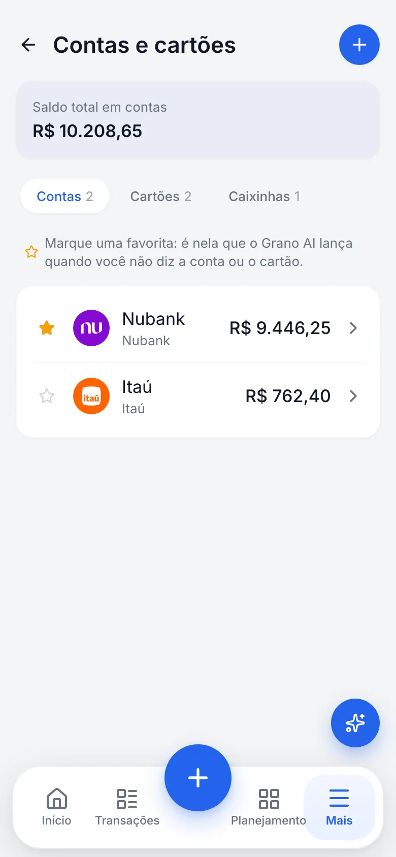 Contas e cartões do Grano com saldo total, Nubank e Itaú