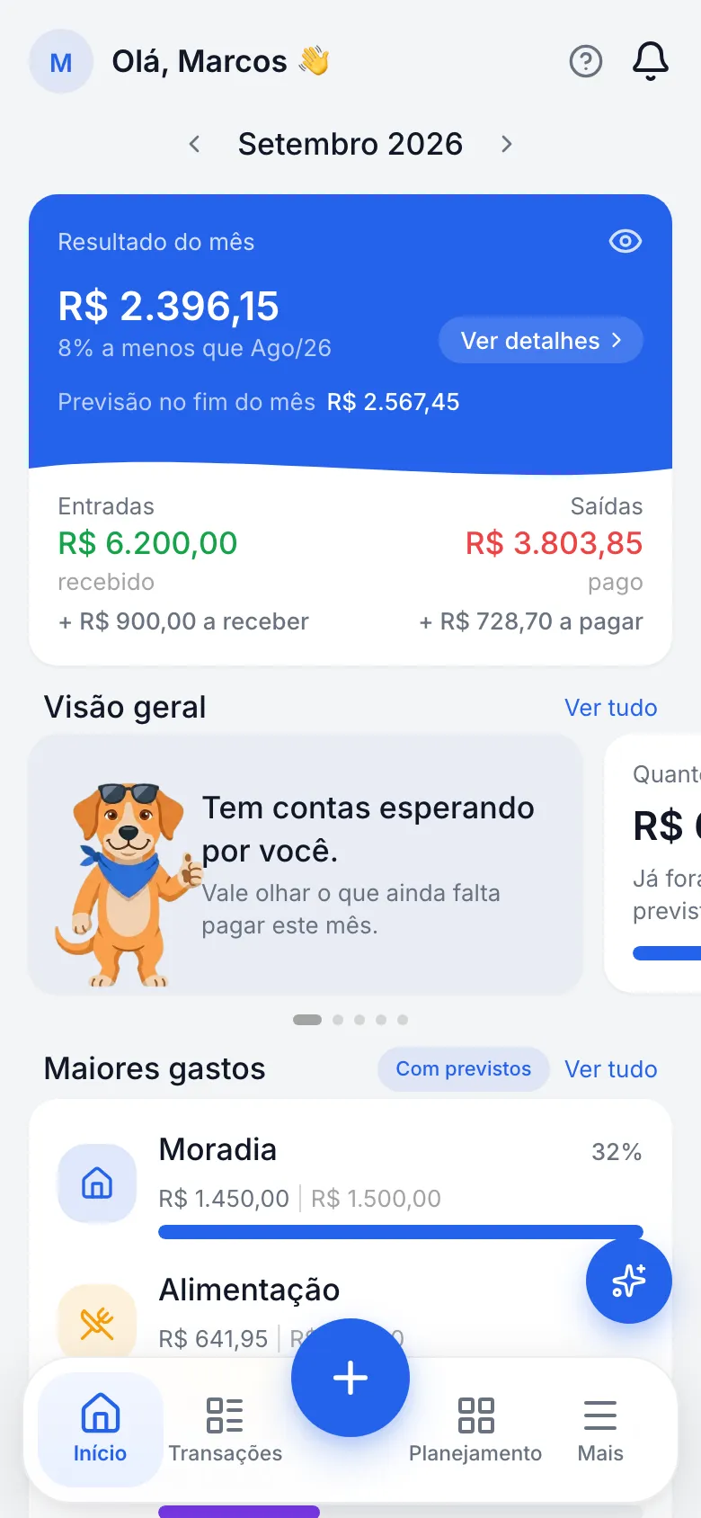 Início do Grano com resultado do mês, entradas, saídas e maiores gastos