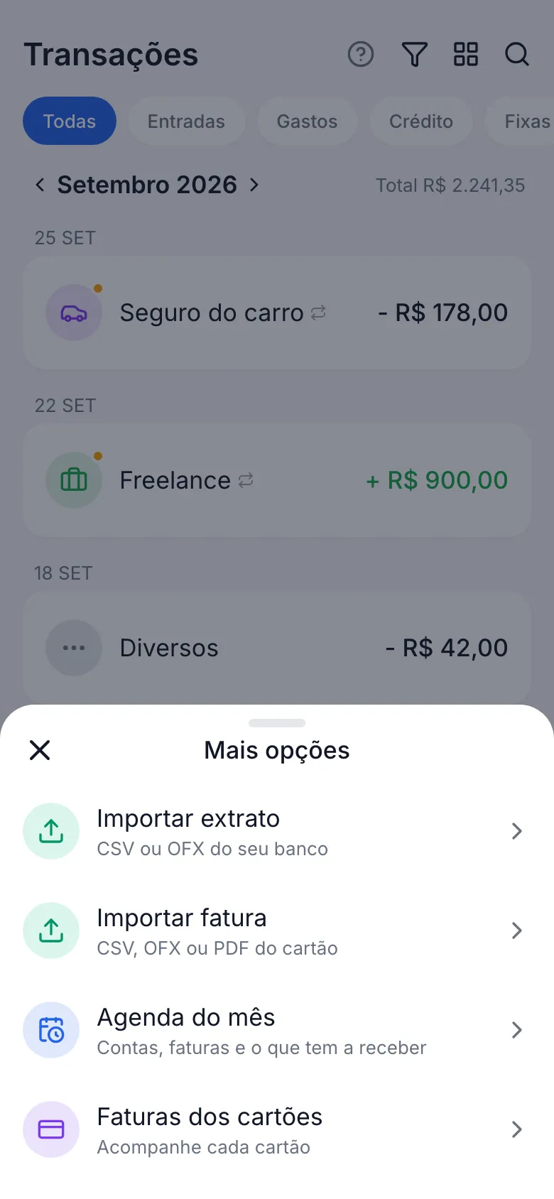 Menu de importação do Grano com as opções de importar extrato e importar fatura