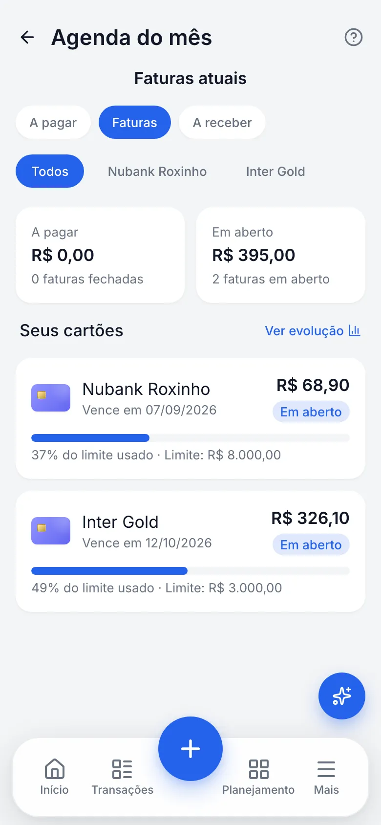 Aba de faturas do Grano com dois cartões, limites e faturas em aberto