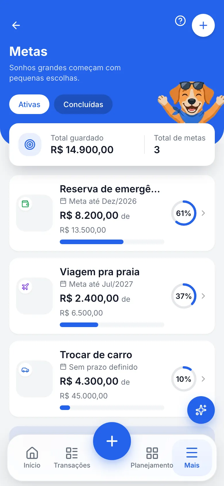 Metas do Grano com reserva de emergência, viagem e troca de carro