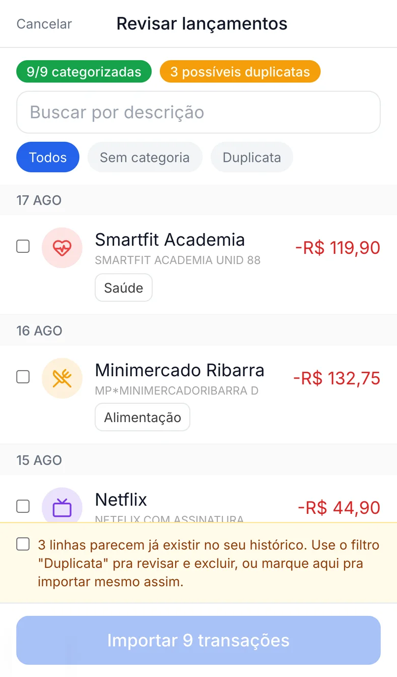 Tela de revisão do Grano com as movimentações do arquivo já categorizadas