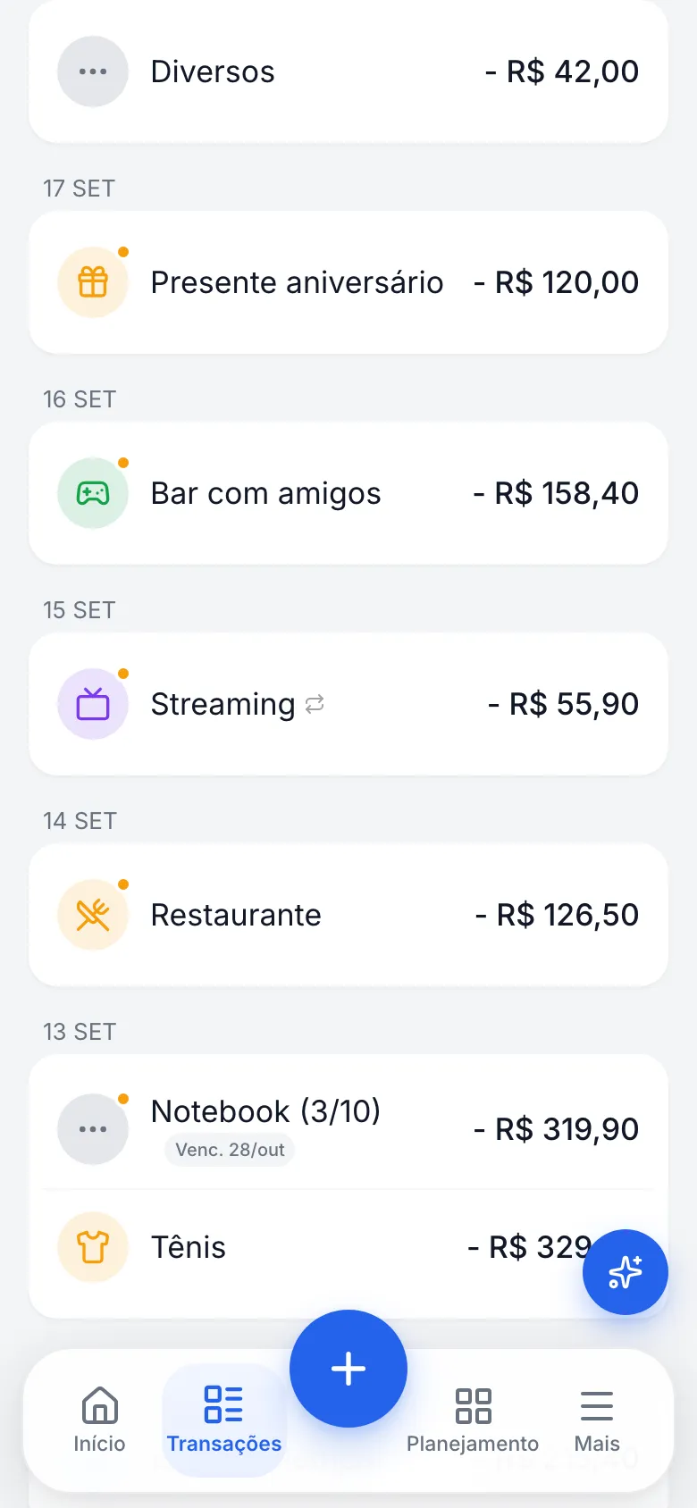 Transações do Grano com lançamentos recorrentes e compra parcelada