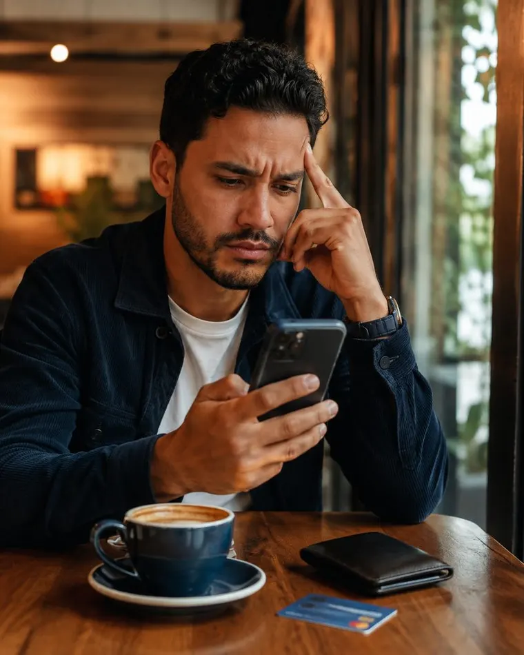 Pessoa olhando o celular tentando entender quanto do saldo pode gastar