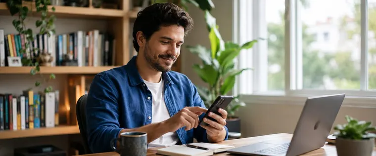 Pessoa tranquila com o celular na mão, sem preocupação com as contas